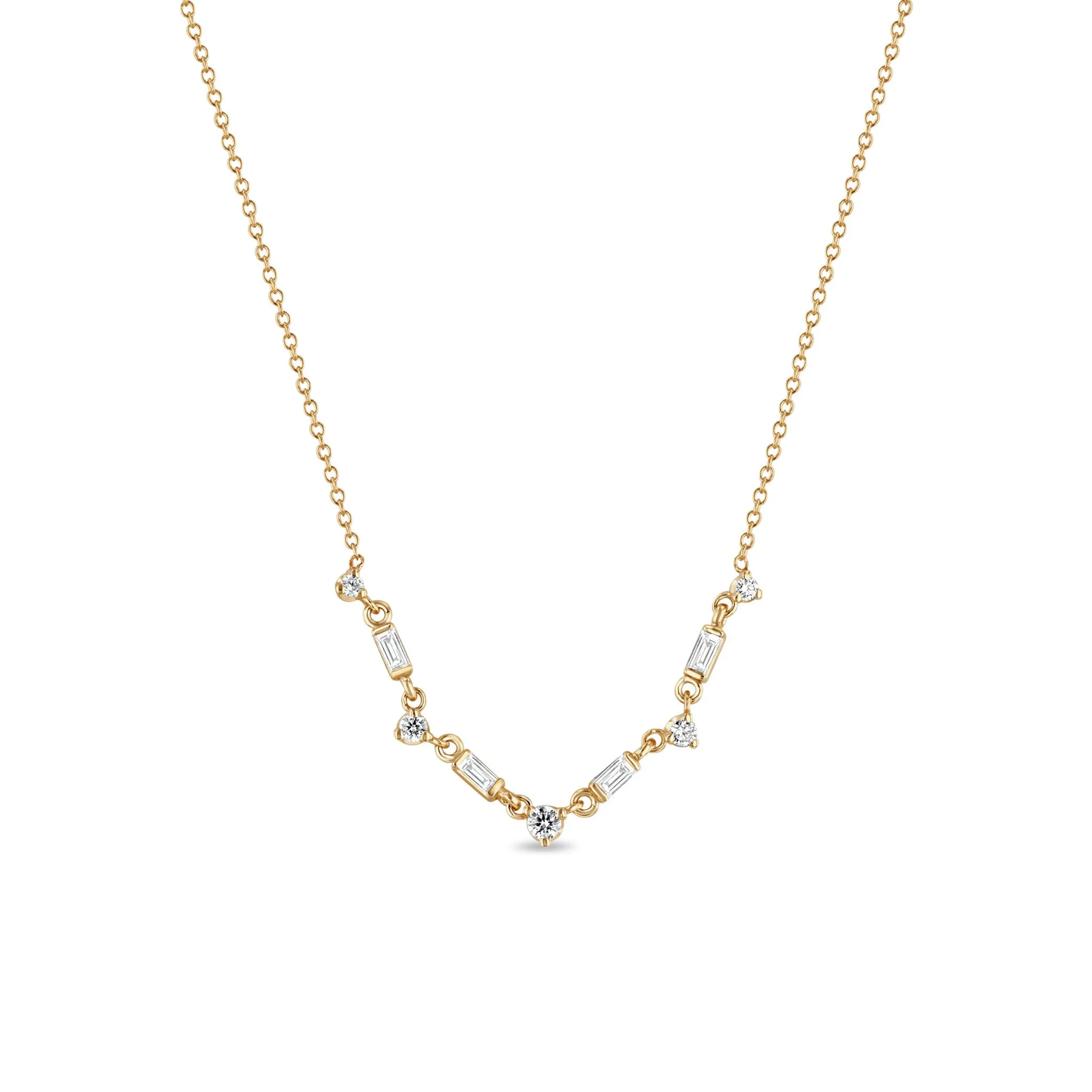 14k Linked Alternating Baguette & Round Diamond Necklace