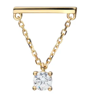 14kt Gold Bar Single Clear CZ Dangle Chain Threadless Top