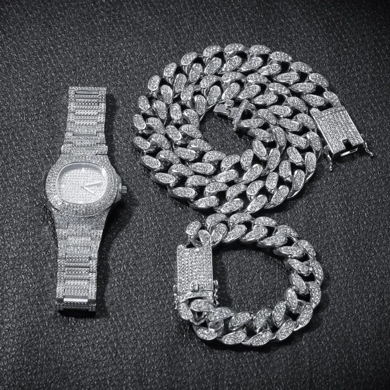 20mm Iced Out Necklace   Bracelet   Watch Set