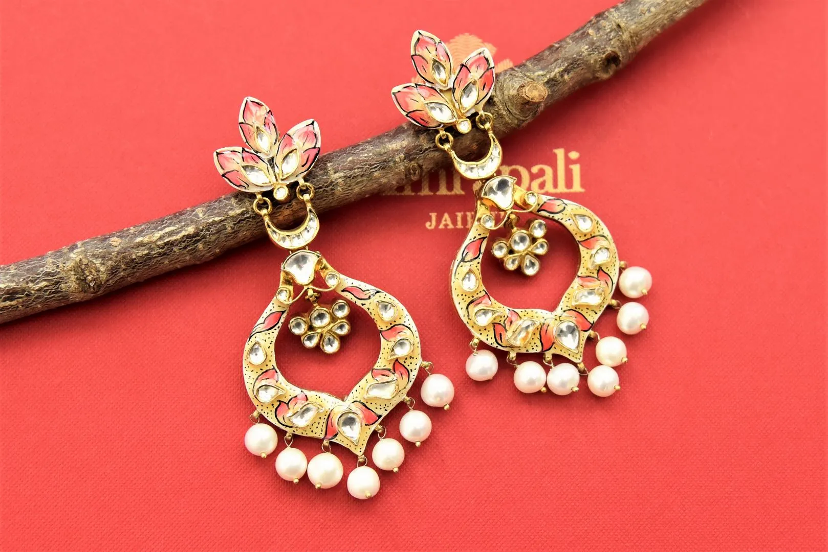 21A012 Minakari Gold Plated Chandbali with Pearl Drops