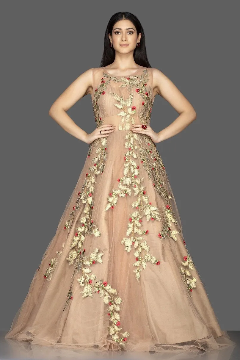 502512 Beige Designer Net Gown with Golden Applique Work