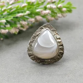 925 Sterling Silver RING : Natural BOTSWANA AGATE Gemstone Pear Shape Cabochon Bezel Set Fine Statement Unisex Ring 7US