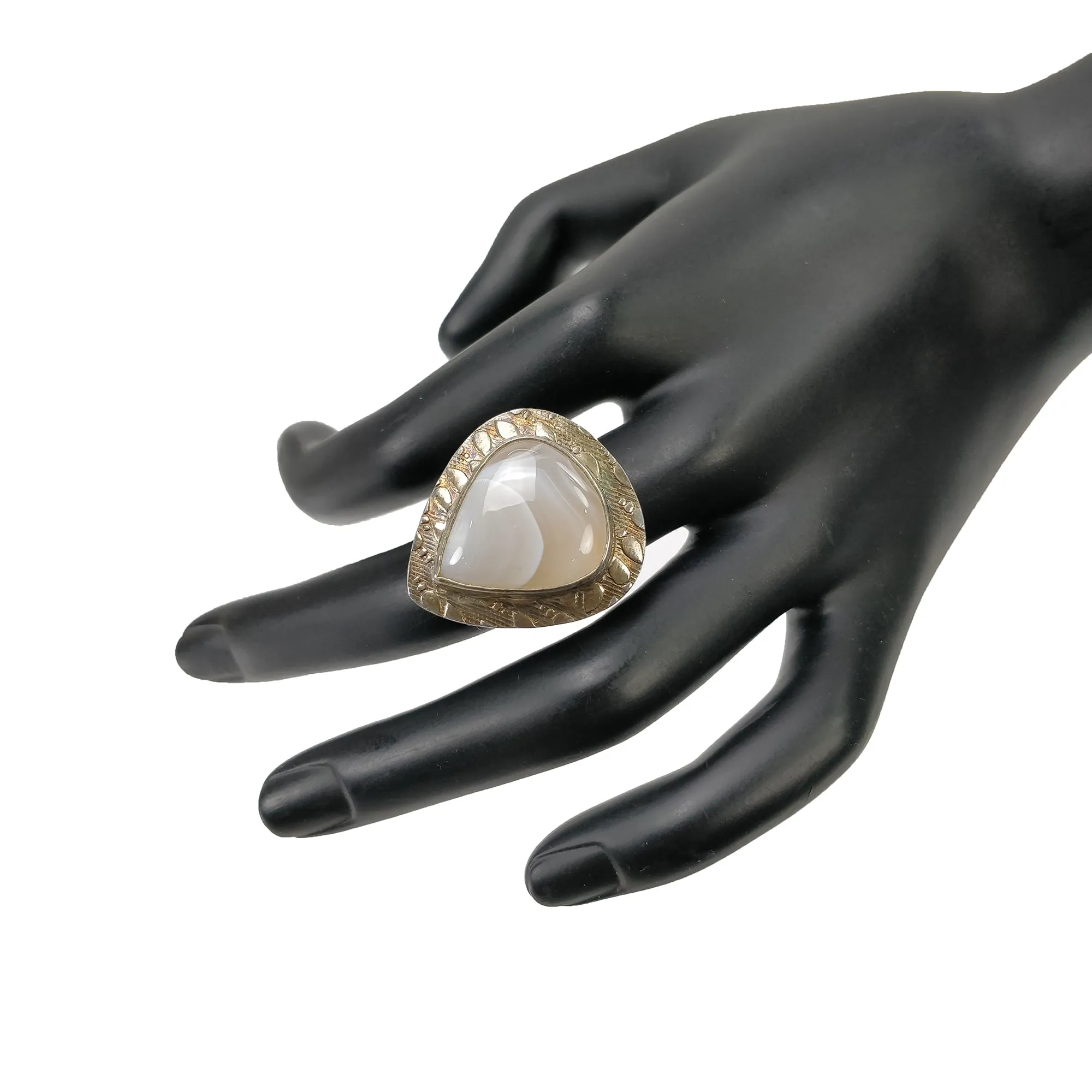 925 Sterling Silver RING : Natural BOTSWANA AGATE Gemstone Pear Shape Cabochon Bezel Set Fine Statement Unisex Ring 7US