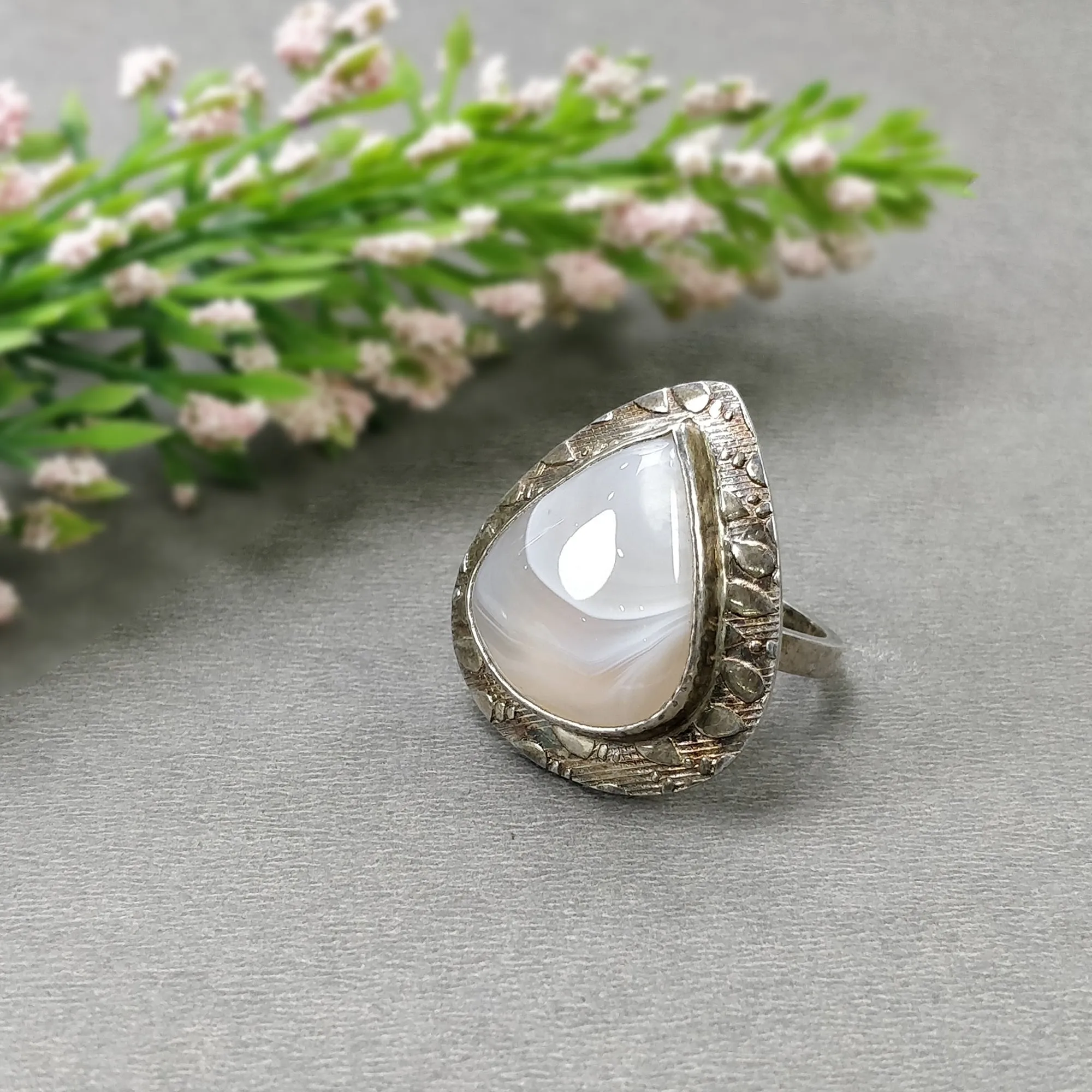 925 Sterling Silver RING : Natural BOTSWANA AGATE Gemstone Pear Shape Cabochon Bezel Set Fine Statement Unisex Ring 7US