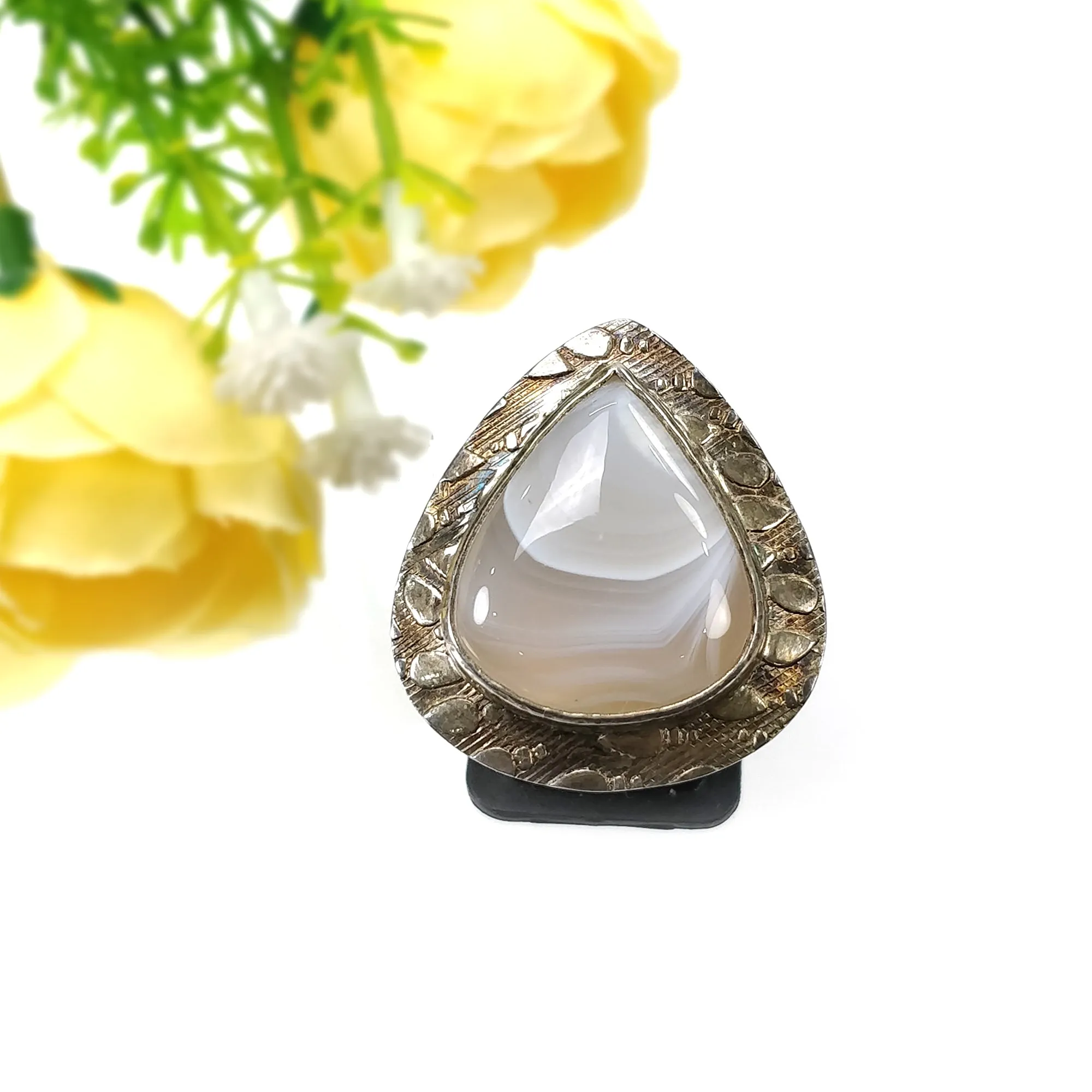 925 Sterling Silver RING : Natural BOTSWANA AGATE Gemstone Pear Shape Cabochon Bezel Set Fine Statement Unisex Ring 7US