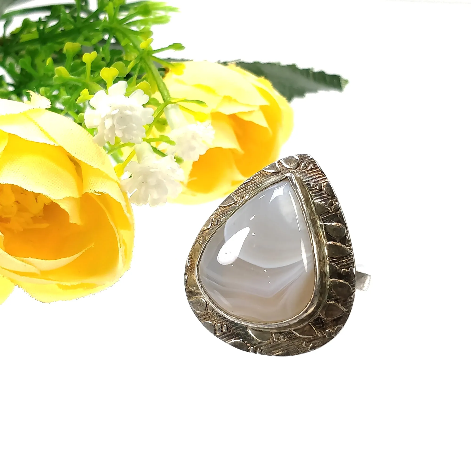 925 Sterling Silver RING : Natural BOTSWANA AGATE Gemstone Pear Shape Cabochon Bezel Set Fine Statement Unisex Ring 7US