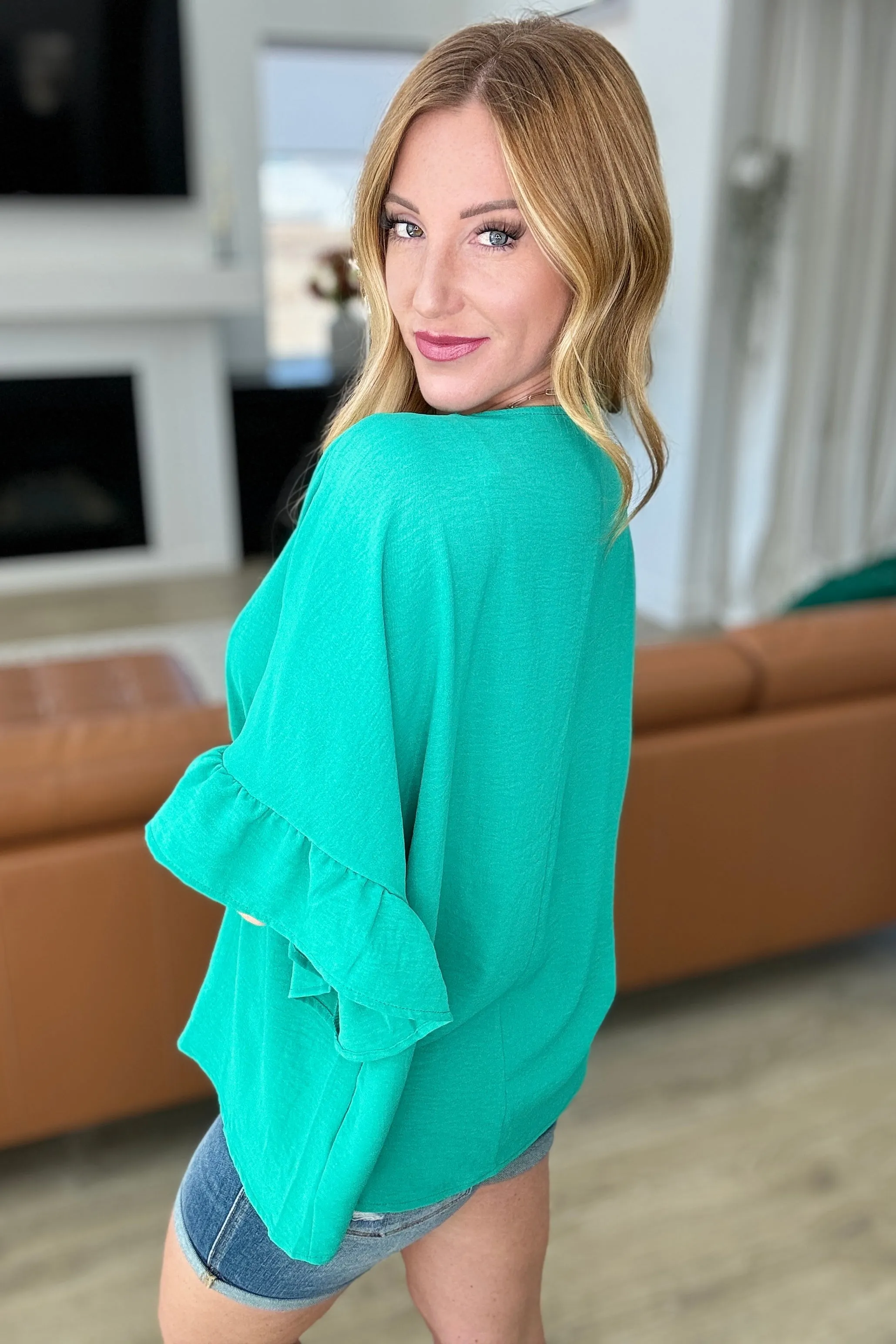 Airflow Peplum Ruffle Sleeve Top in Emerald - 4/24