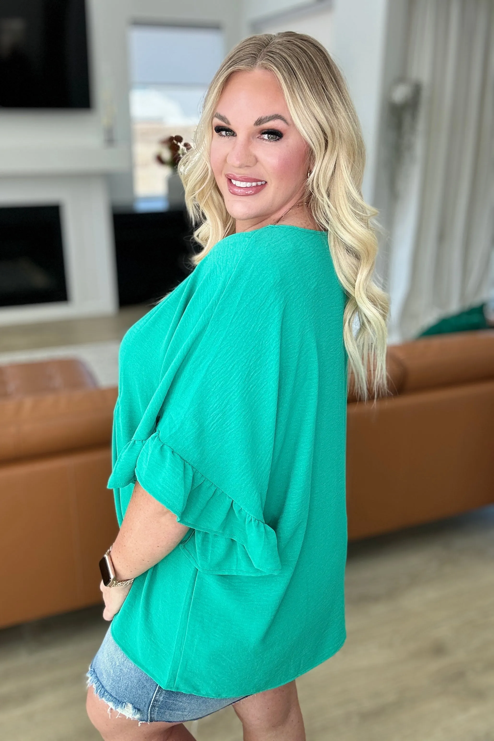 Airflow Peplum Ruffle Sleeve Top in Emerald - 4/24