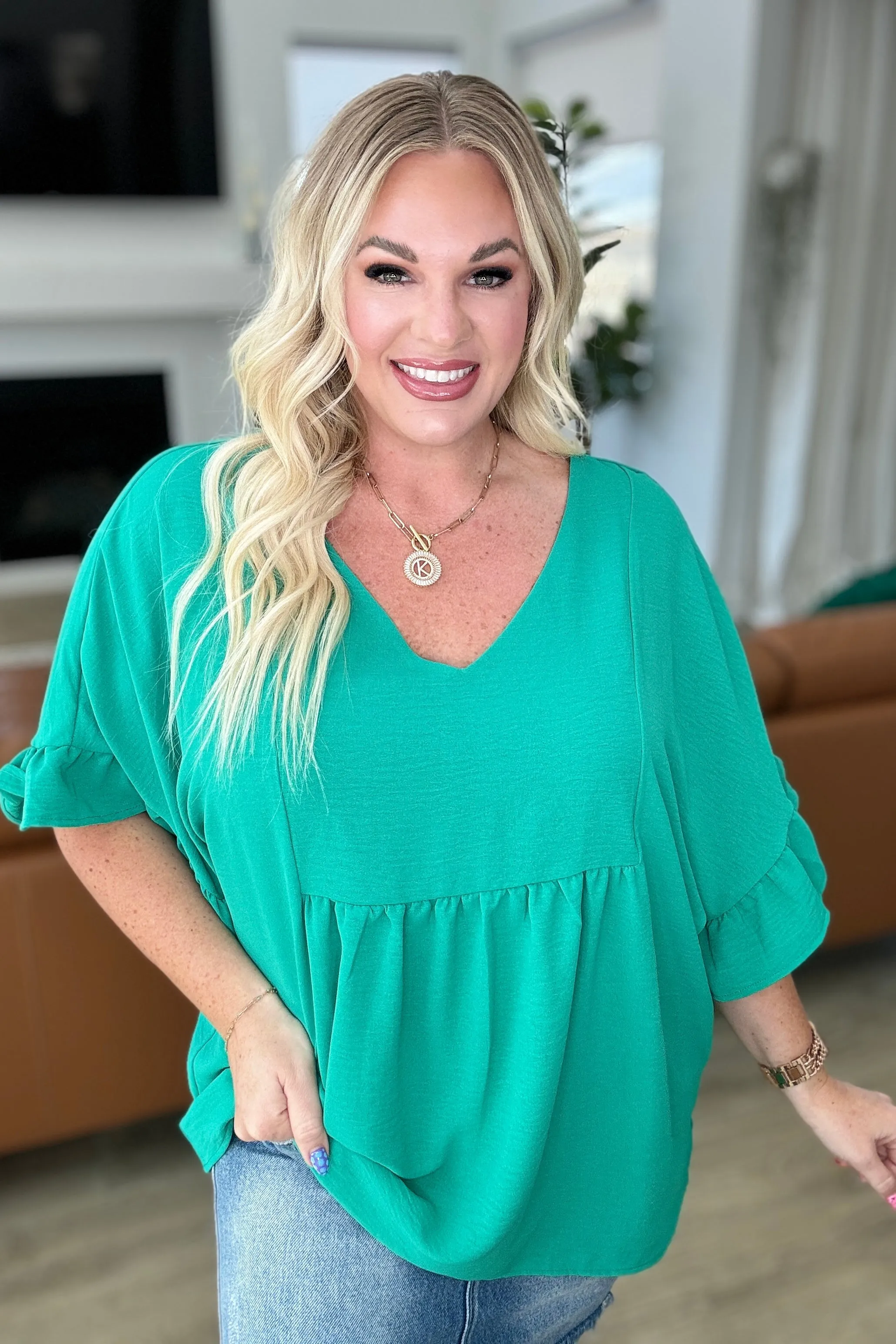 Airflow Peplum Ruffle Sleeve Top in Emerald - 4/24