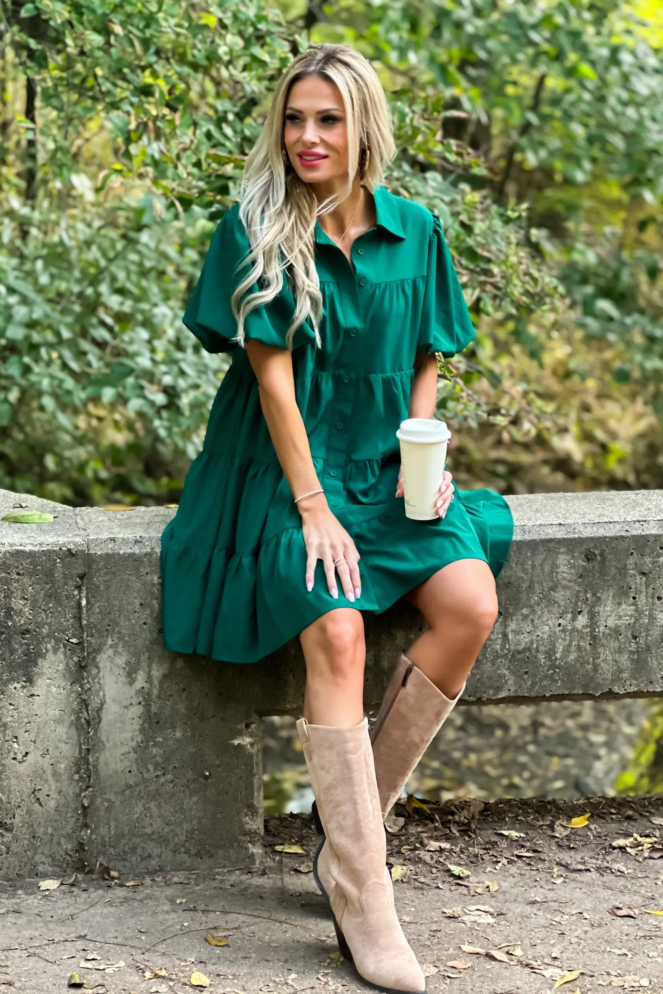 Always Remember Balloon Sleeve Tiered Dress : Hunter Green