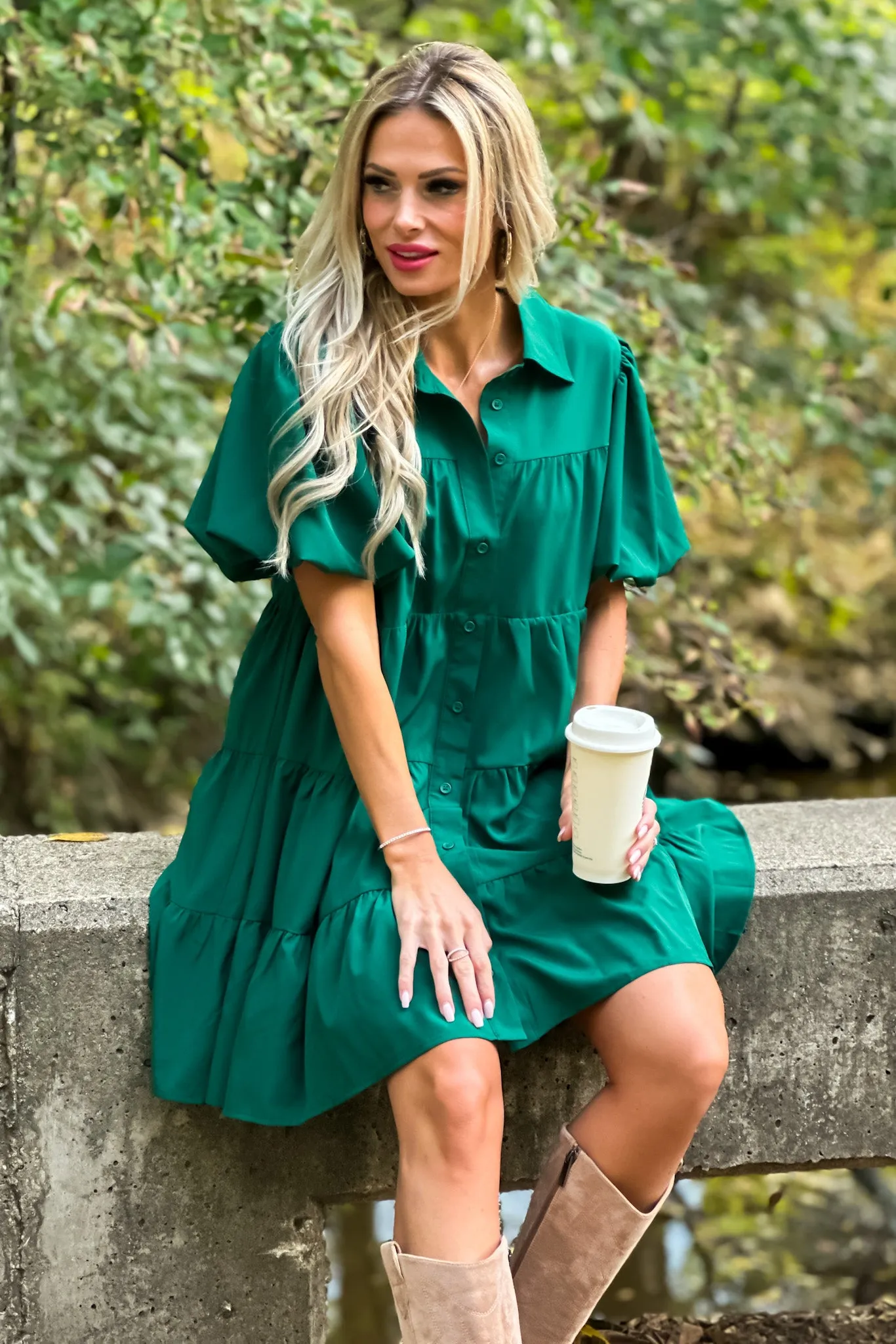 Always Remember Balloon Sleeve Tiered Dress : Hunter Green