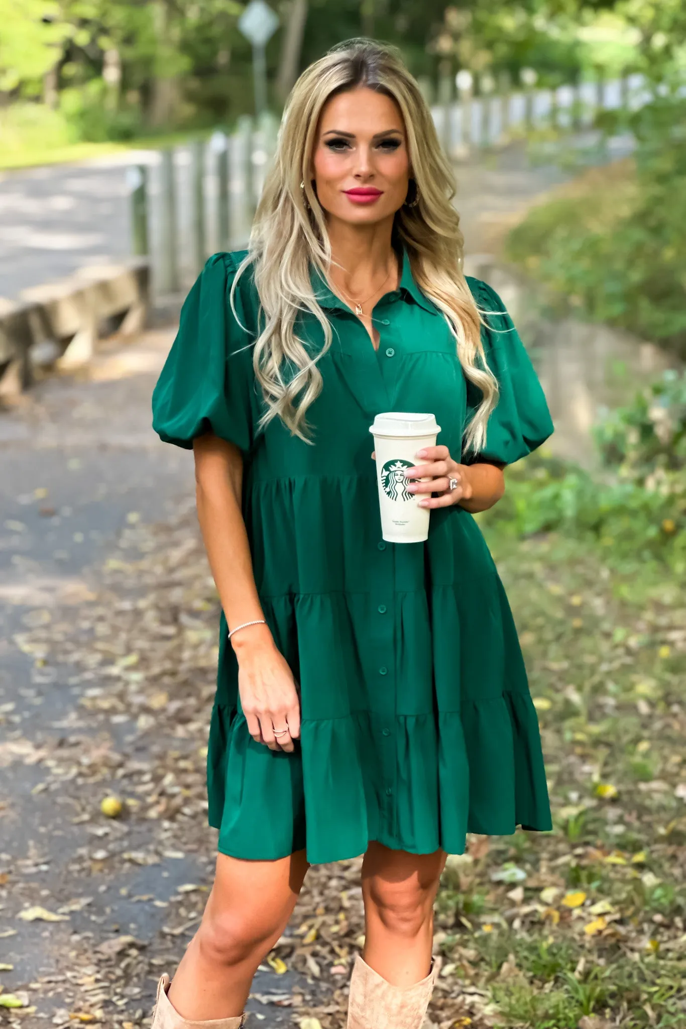 Always Remember Balloon Sleeve Tiered Dress : Hunter Green