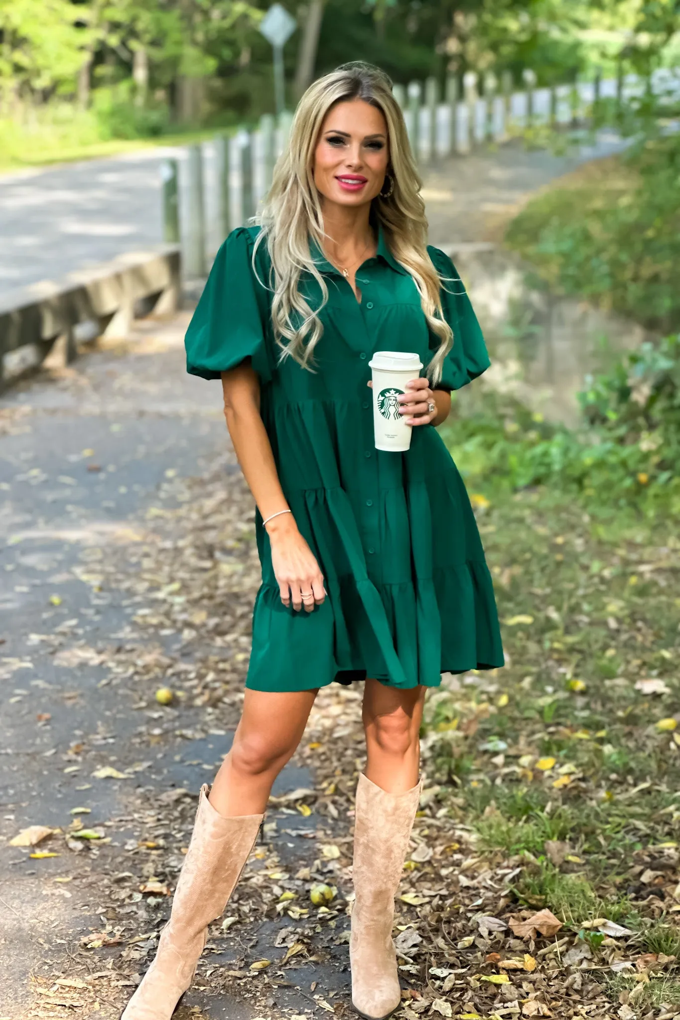 Always Remember Balloon Sleeve Tiered Dress : Hunter Green