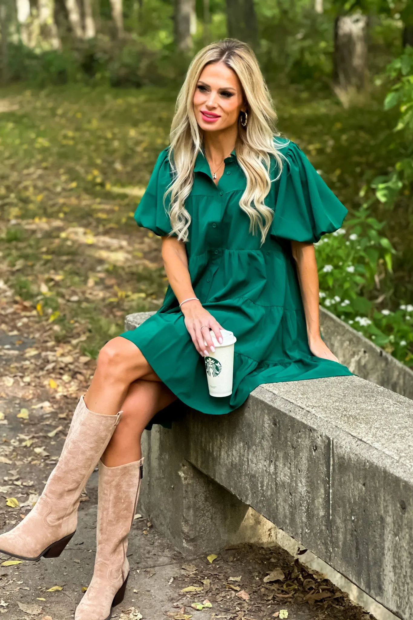 Always Remember Balloon Sleeve Tiered Dress : Hunter Green