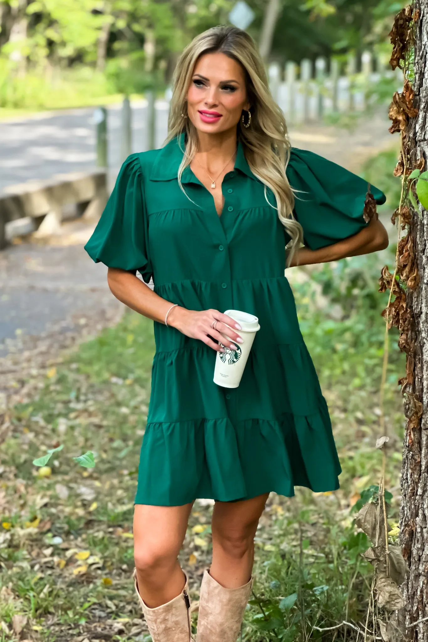 Always Remember Balloon Sleeve Tiered Dress : Hunter Green