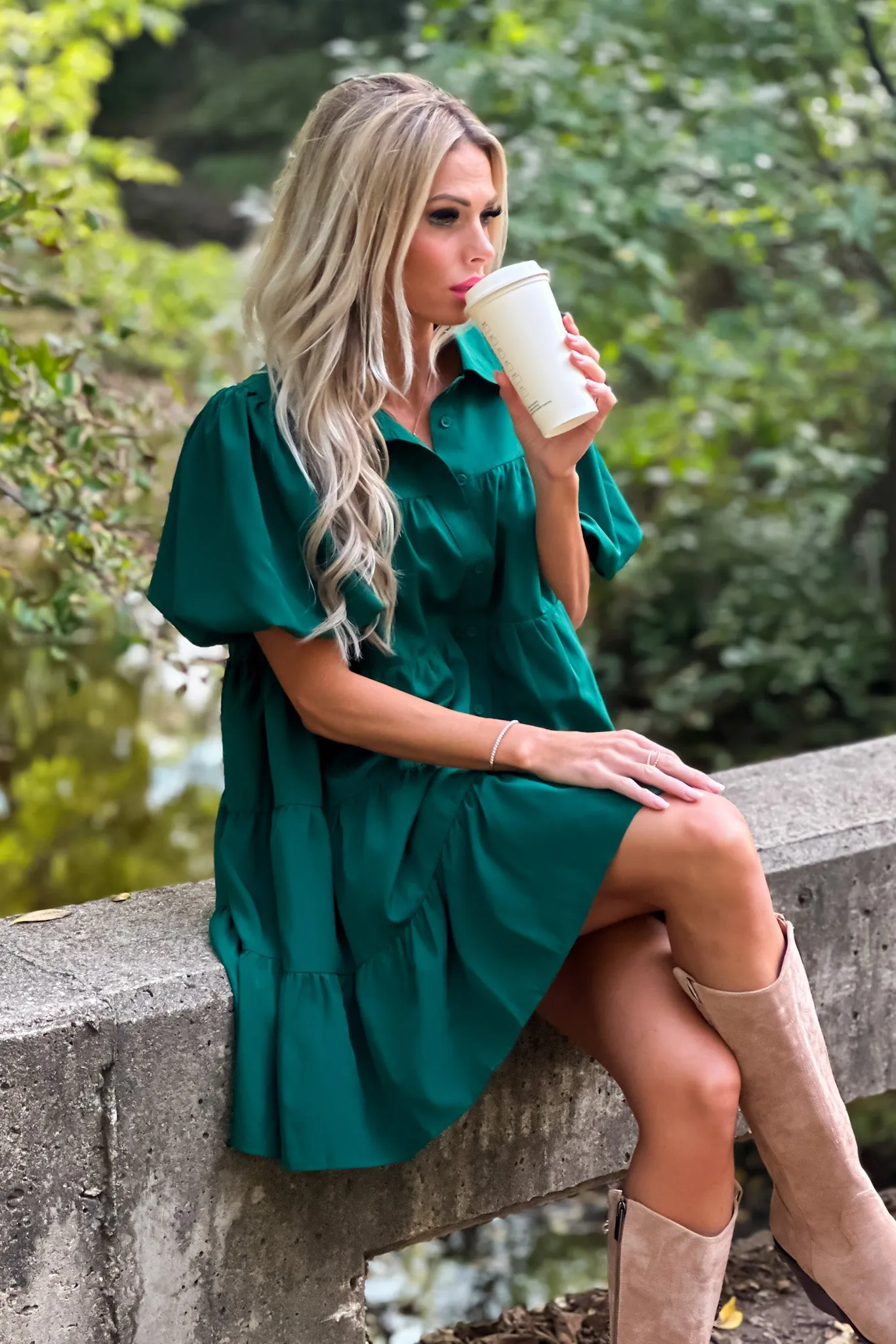 Always Remember Balloon Sleeve Tiered Dress : Hunter Green