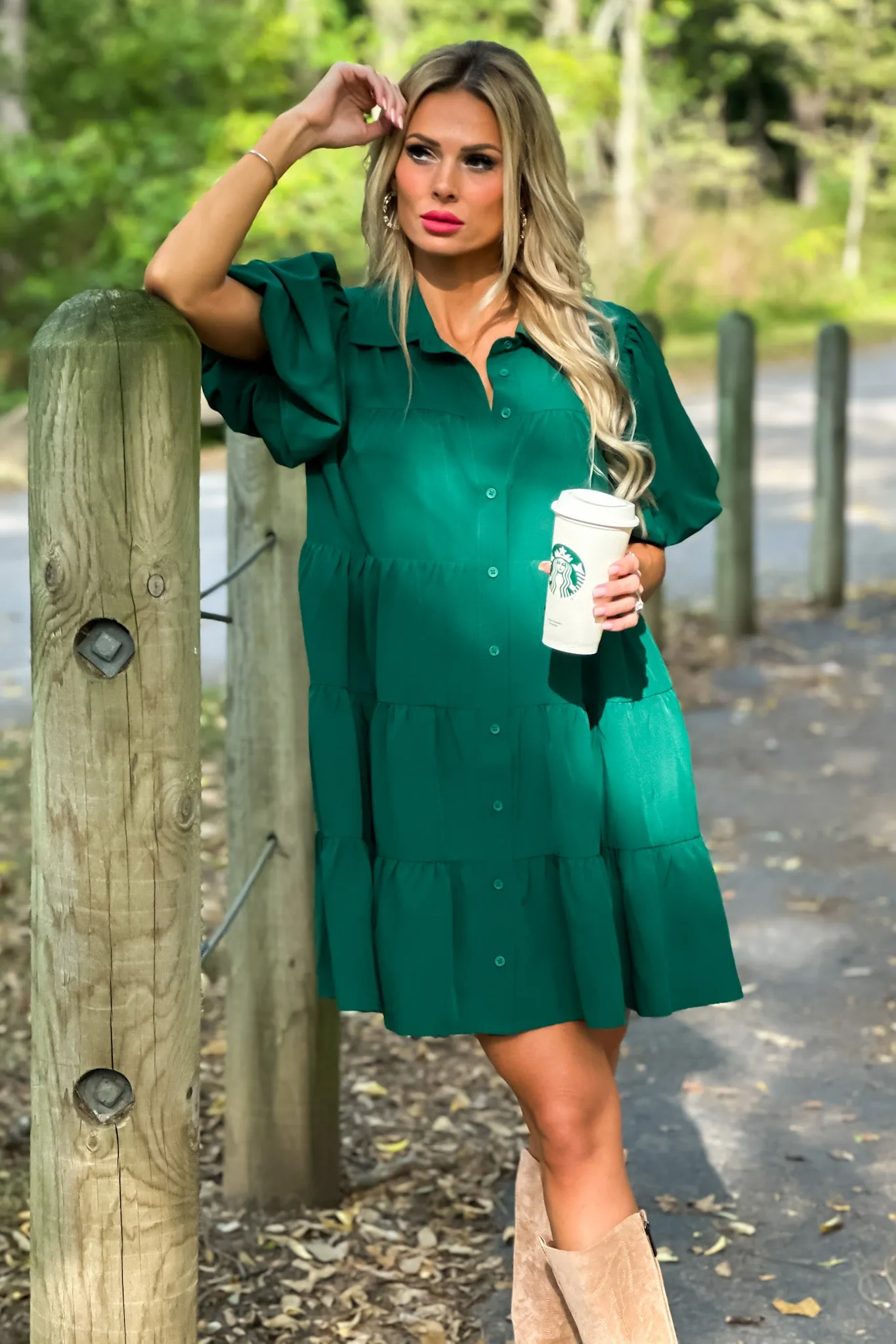 Always Remember Balloon Sleeve Tiered Dress : Hunter Green