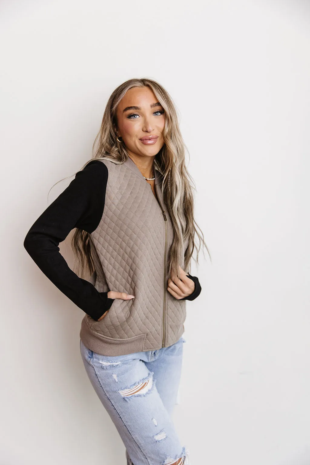 Ampersand Quilted Taupe & Black Bomber Jacket