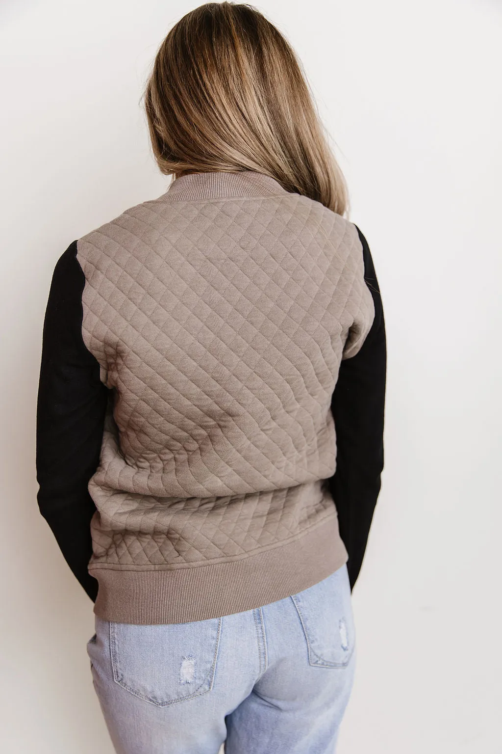 Ampersand Quilted Taupe & Black Bomber Jacket