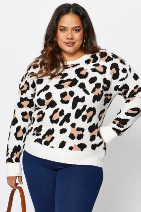 Animal Print Knit Jumper Round Neck Long Sleeve