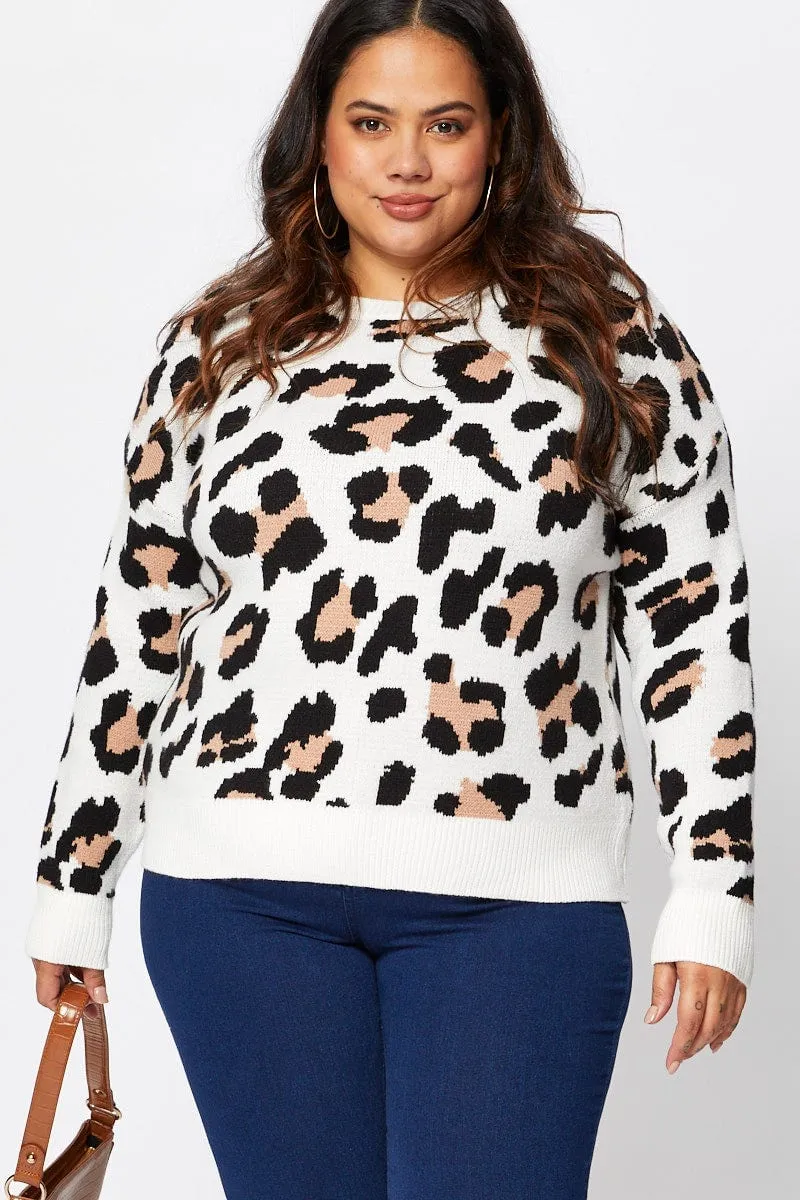 Animal Print Knit Jumper Round Neck Long Sleeve