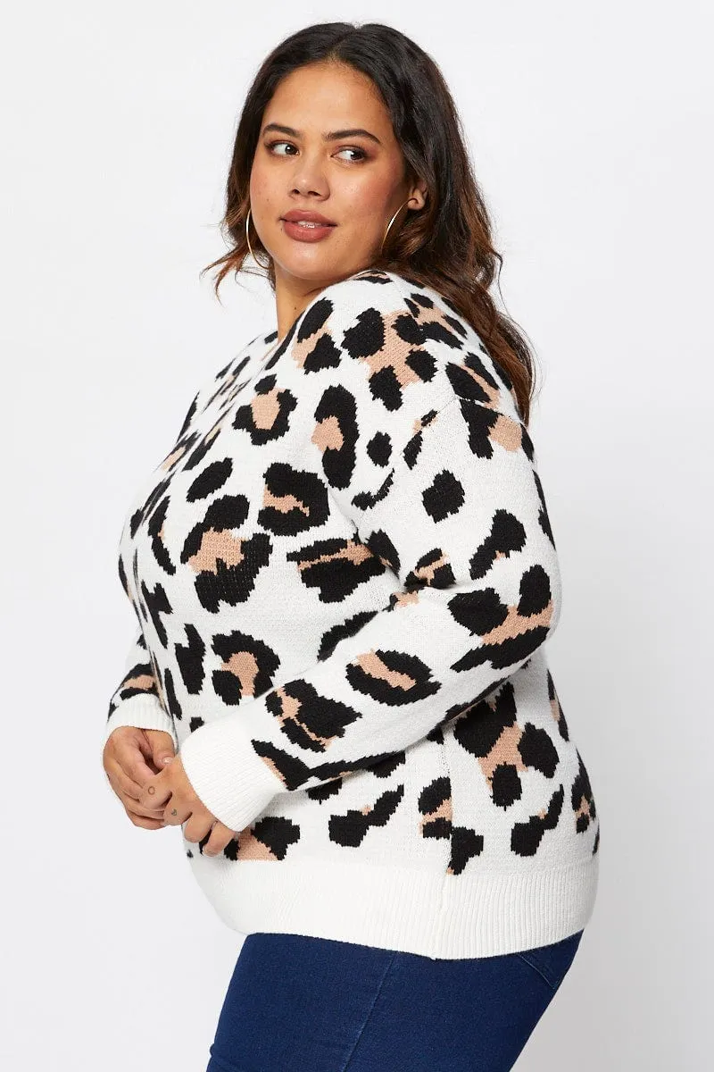 Animal Print Knit Jumper Round Neck Long Sleeve