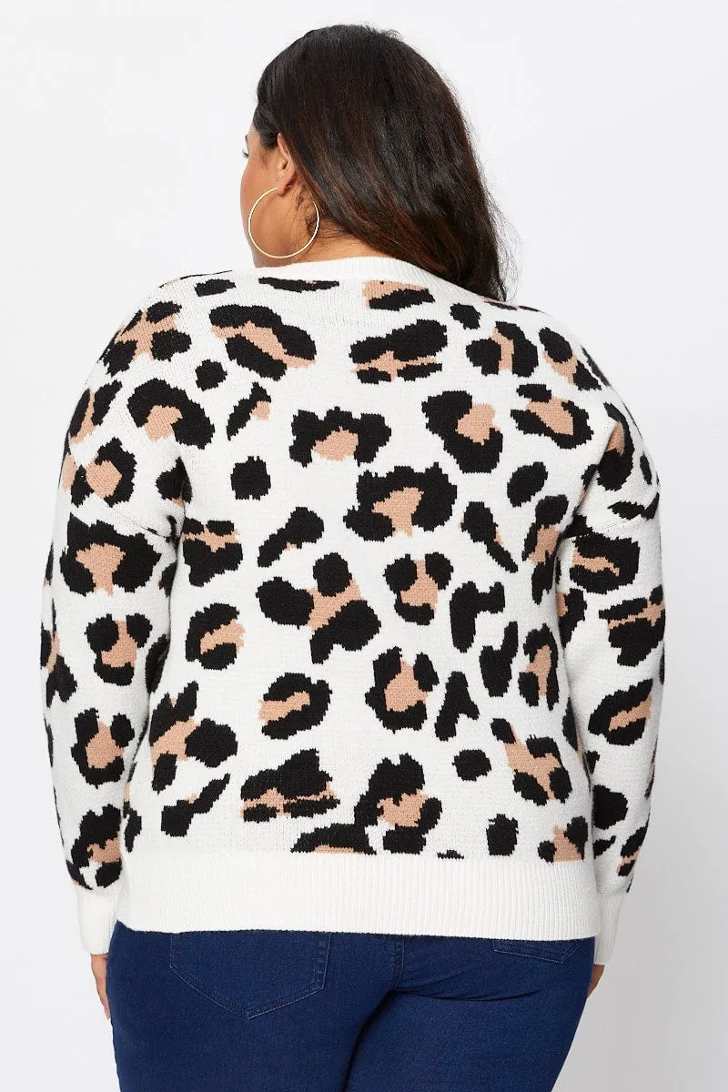 Animal Print Knit Jumper Round Neck Long Sleeve