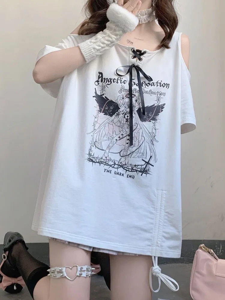 Anime Print ANGELS OF SALVATION T-Shirt With Shoulder Cut-Outs and Ribbon Detail