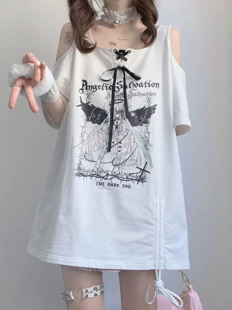 Anime Print ANGELS OF SALVATION T-Shirt With Shoulder Cut-Outs and Ribbon Detail