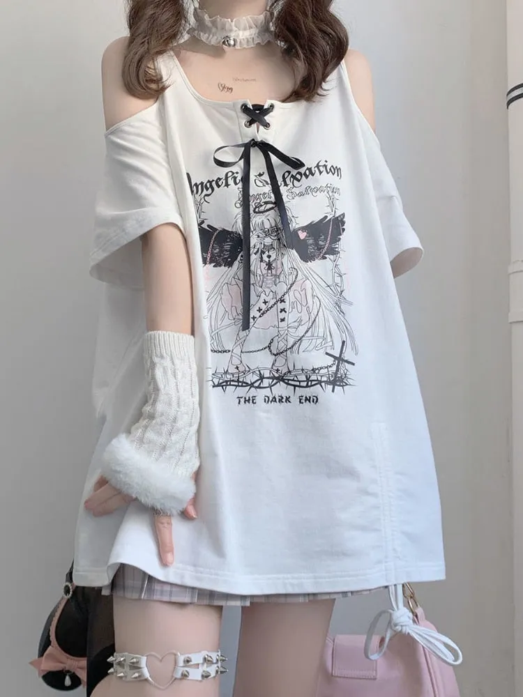 Anime Print ANGELS OF SALVATION T-Shirt With Shoulder Cut-Outs and Ribbon Detail