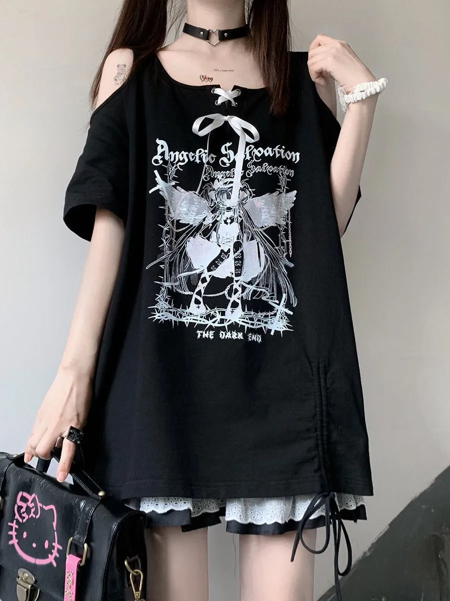 Anime Print ANGELS OF SALVATION T-Shirt With Shoulder Cut-Outs and Ribbon Detail