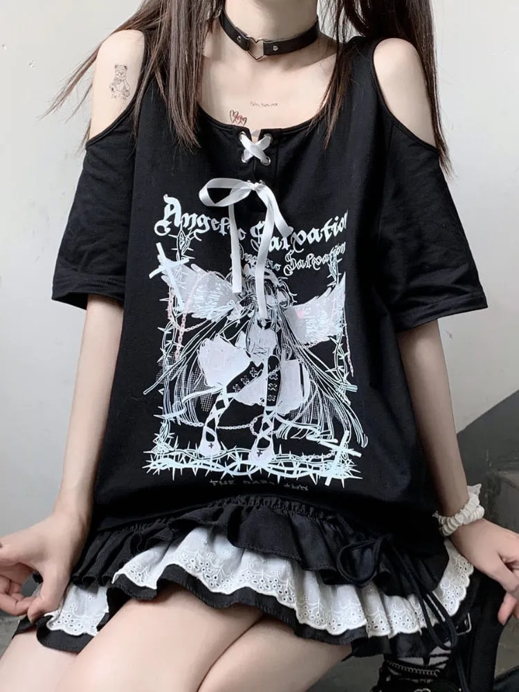 Anime Print ANGELS OF SALVATION T-Shirt With Shoulder Cut-Outs and Ribbon Detail