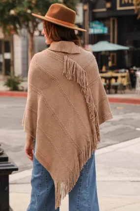 Button Neck Fringe Poncho in Mocha