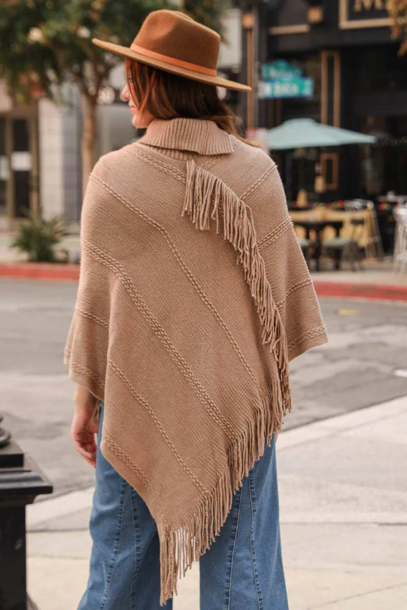 Button Neck Fringe Poncho in Mocha