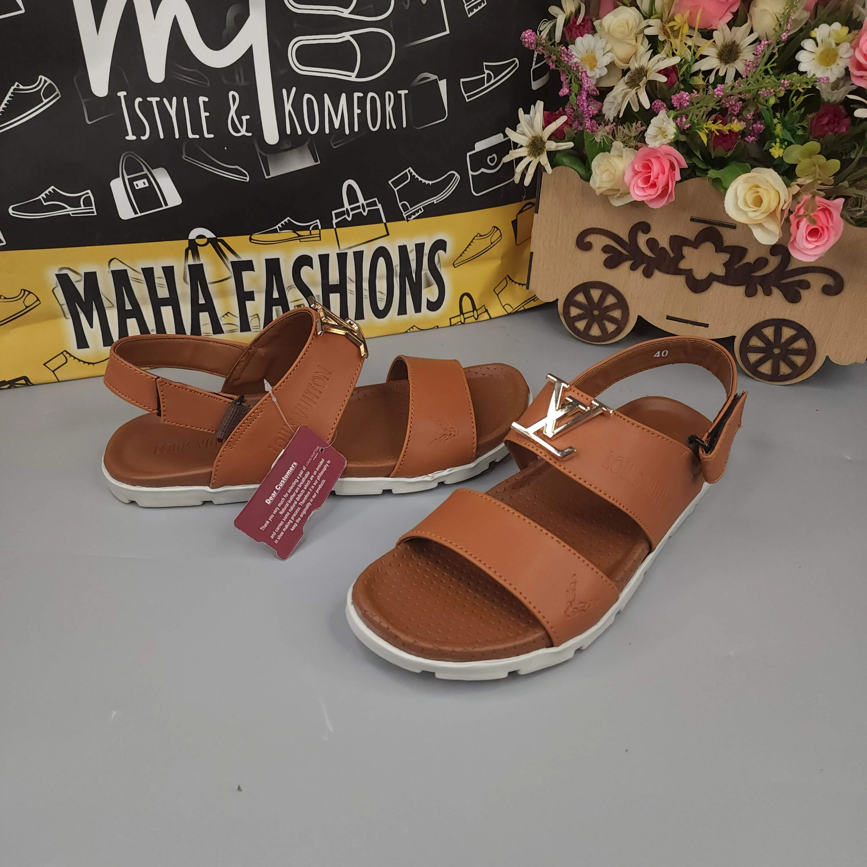 Camel Sandals with Golden Buckle