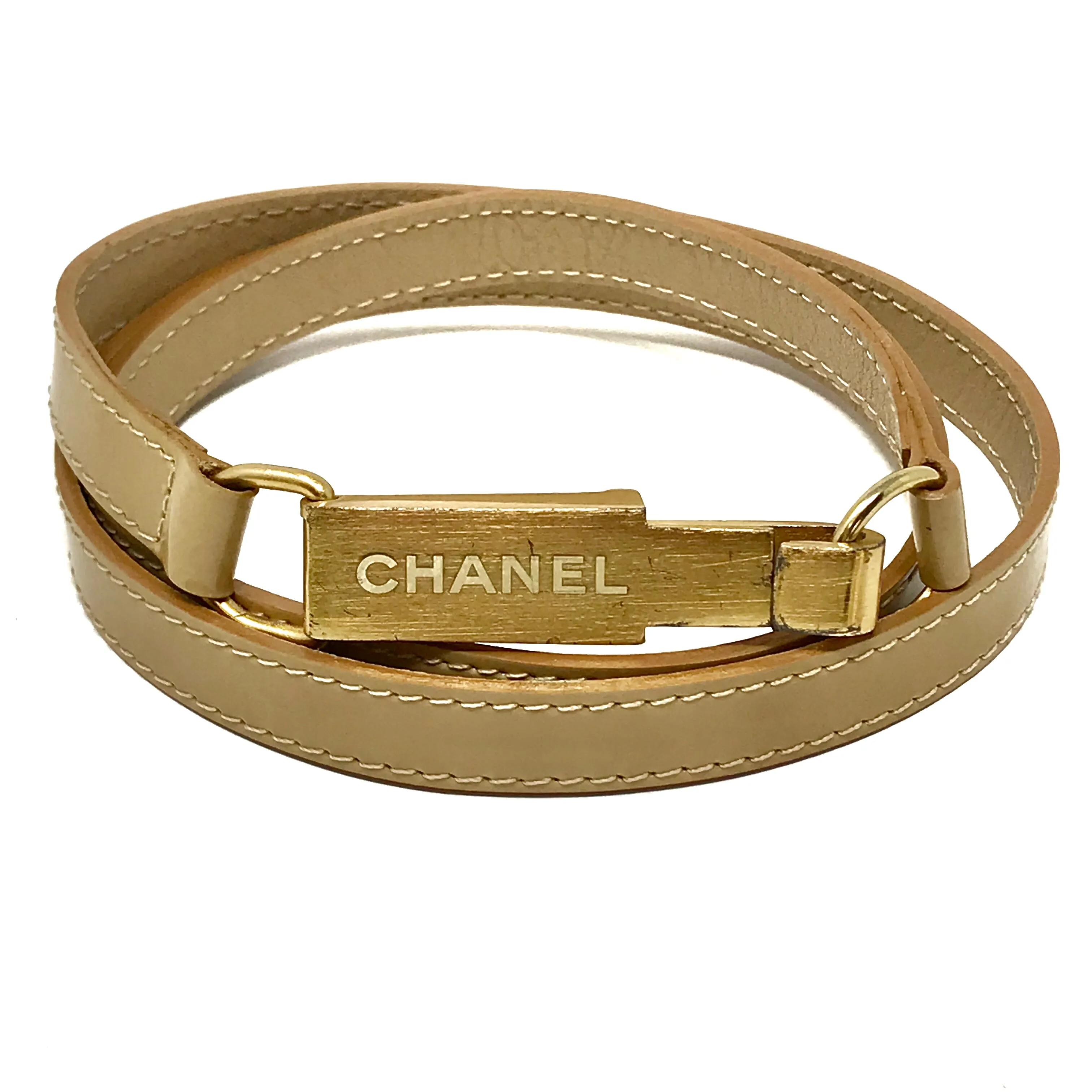 Chanel Vintage Belt Tan Patent Leather Gold Buckle Size 34 | Medium