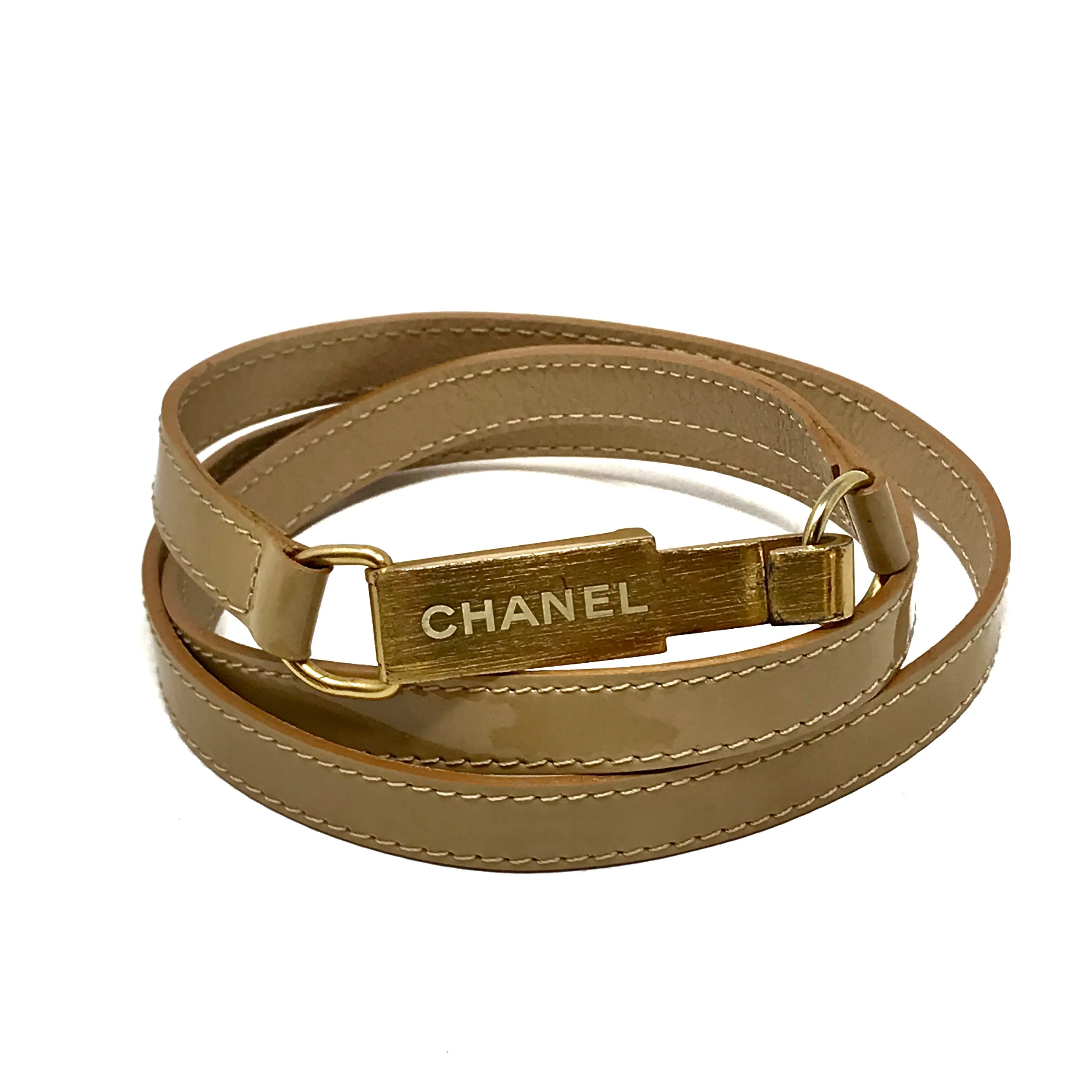 Chanel Vintage Belt Tan Patent Leather Gold Buckle Size 34 | Medium