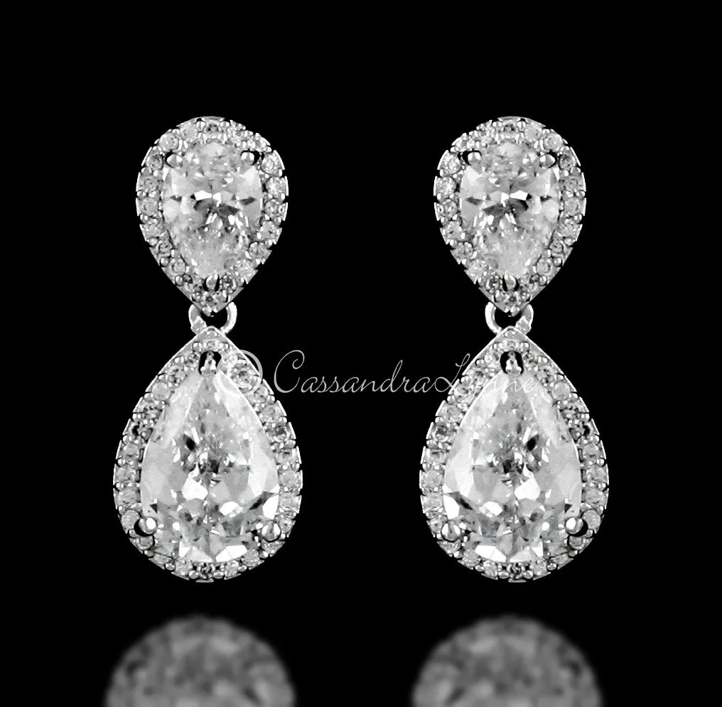 Clip-On Double Teardrop Cut CZ Drop Earrings