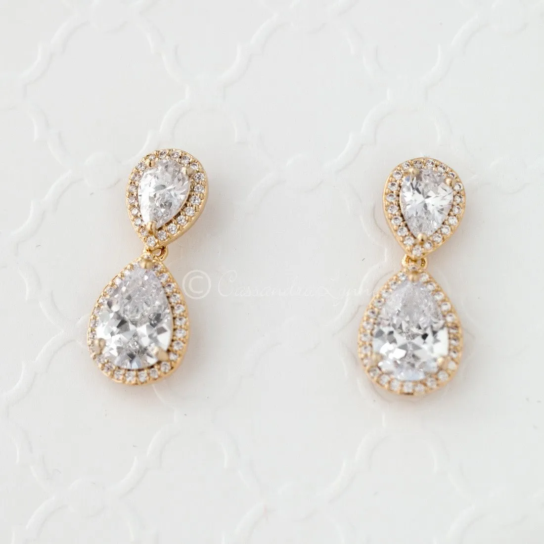 Clip-On Double Teardrop Cut CZ Drop Earrings