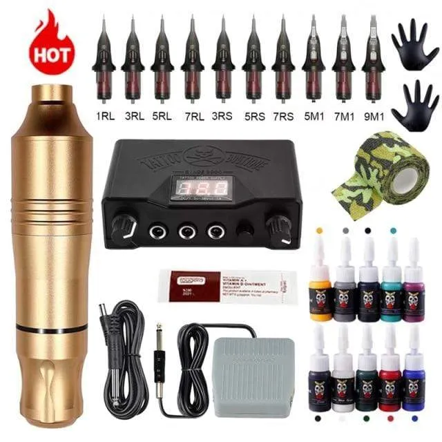 Complete Tattoo Machine Kits Tattoo Power Supply Rotary Pen With Cartridge Needles Permanent Makeup Eyebrow Tattoo Body Artist