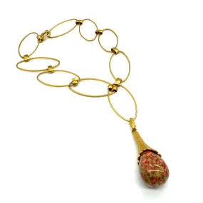 Coral Speckle Vintage Glass Statement Drop Necklace - matte gold