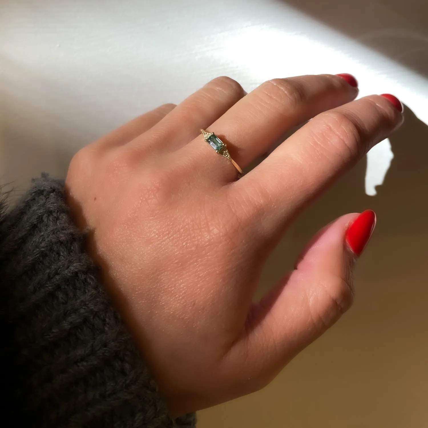 Emerald-cut Green Sapphire Deco Ring