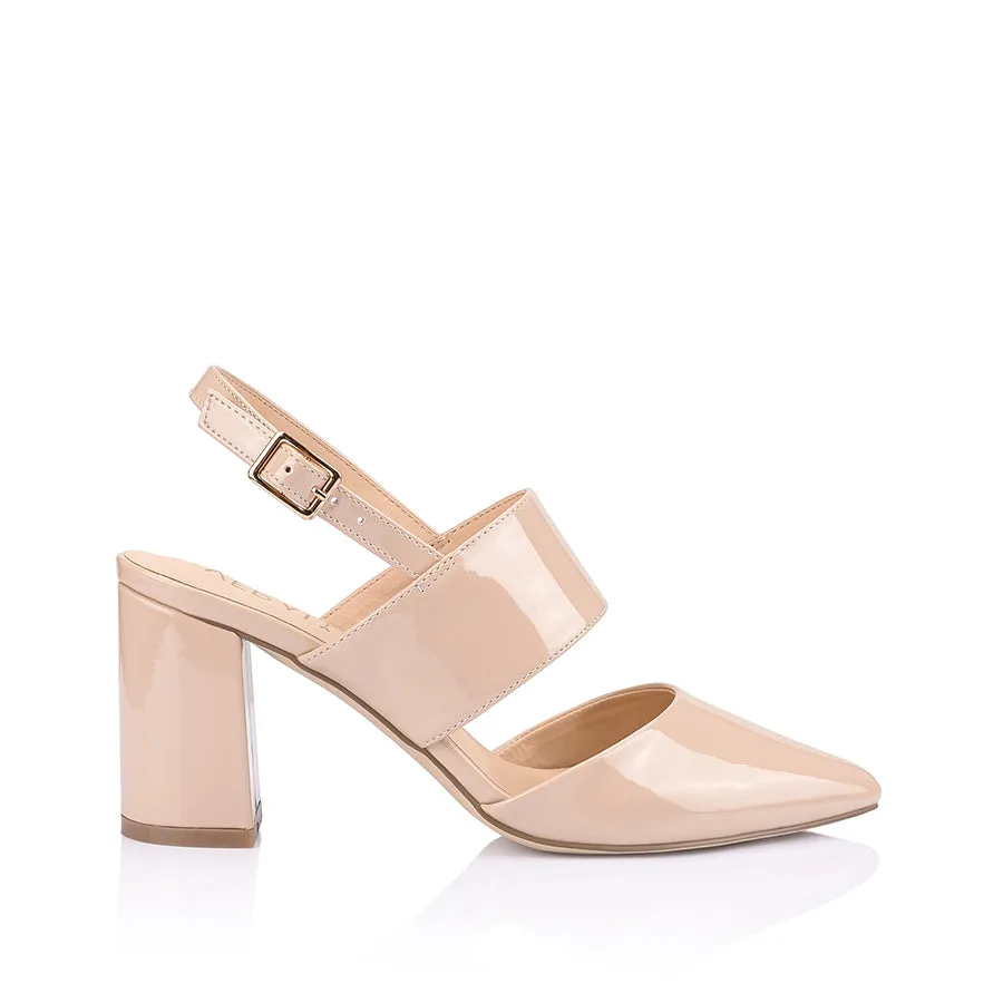 Ena Closed Toe Block Heels - Nude Patent