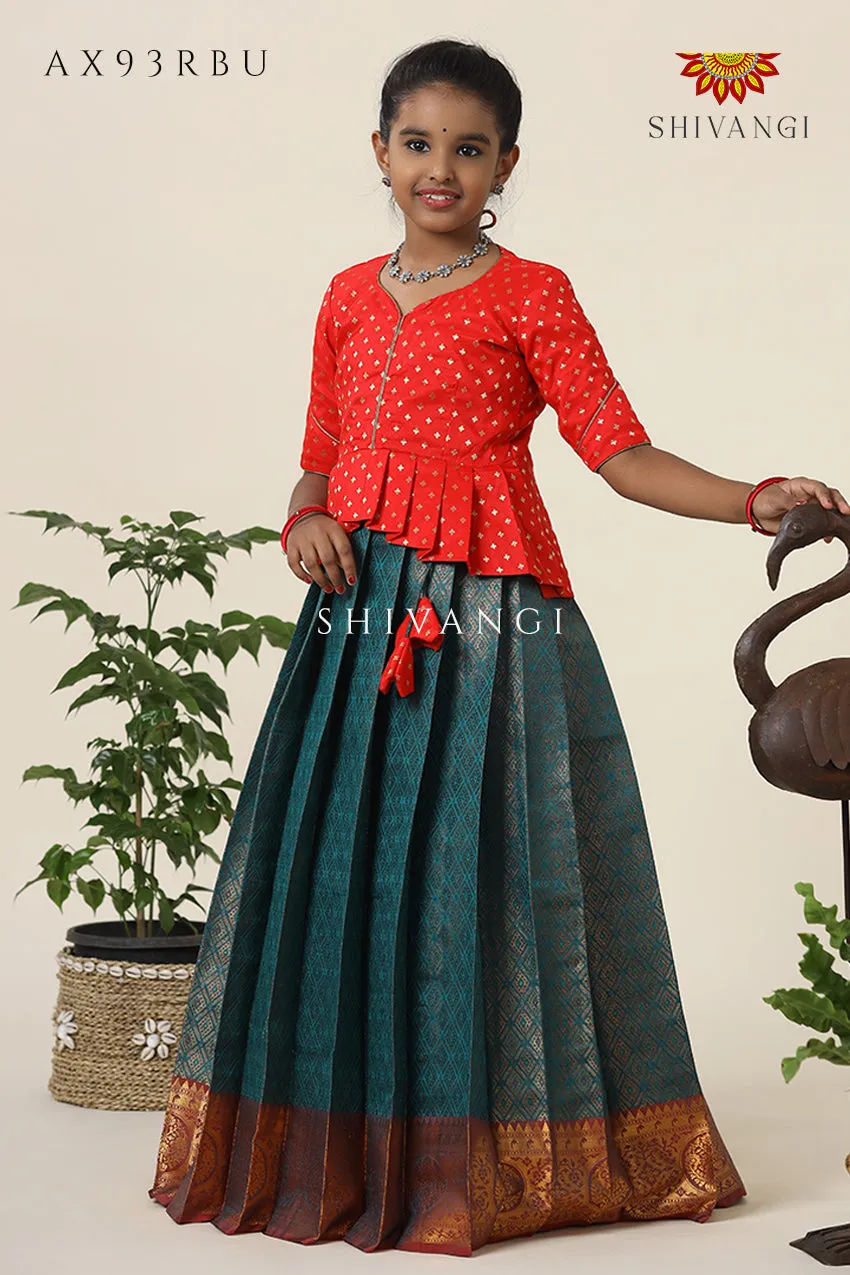 Festive Collection -  Teal Green Senkandhal Pavadai Sattai For Kids