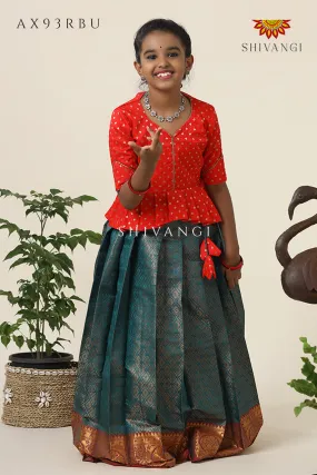 Festive Collection -  Teal Green Senkandhal Pavadai Sattai For Kids