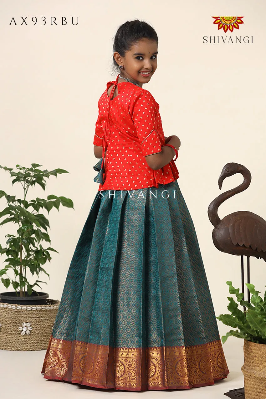 Festive Collection -  Teal Green Senkandhal Pavadai Sattai For Kids