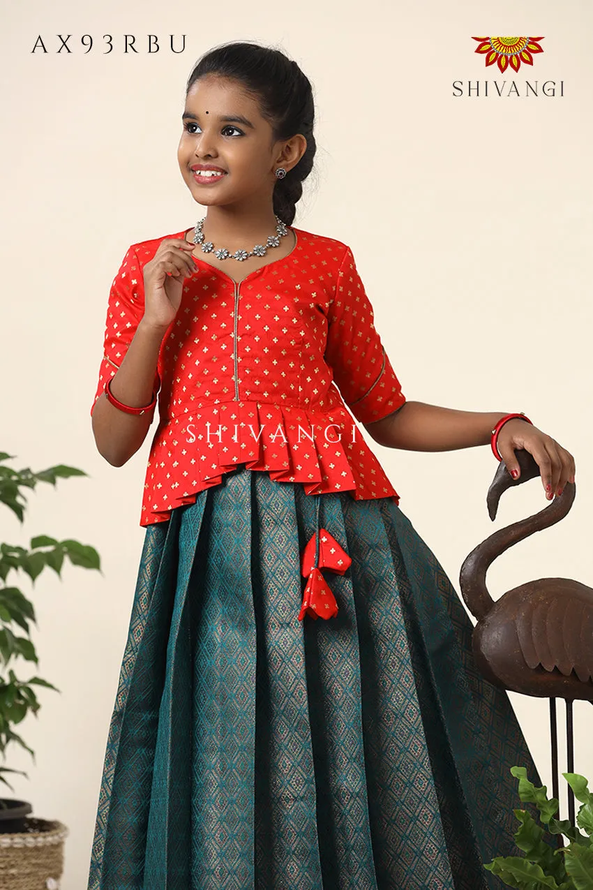 Festive Collection -  Teal Green Senkandhal Pavadai Sattai For Kids