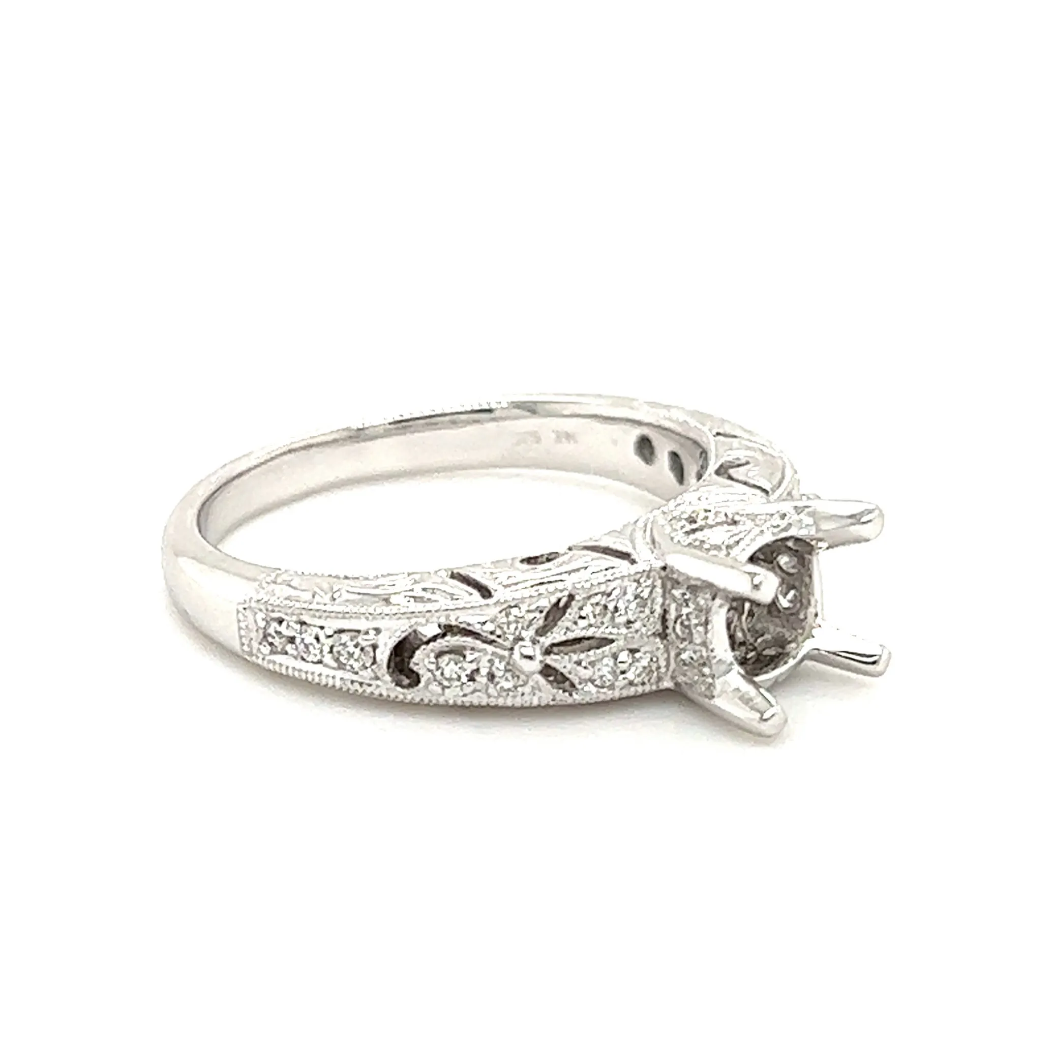 Filigree Engraved Diamond Ring Setting with Twenty-Eight in 14K White Gold