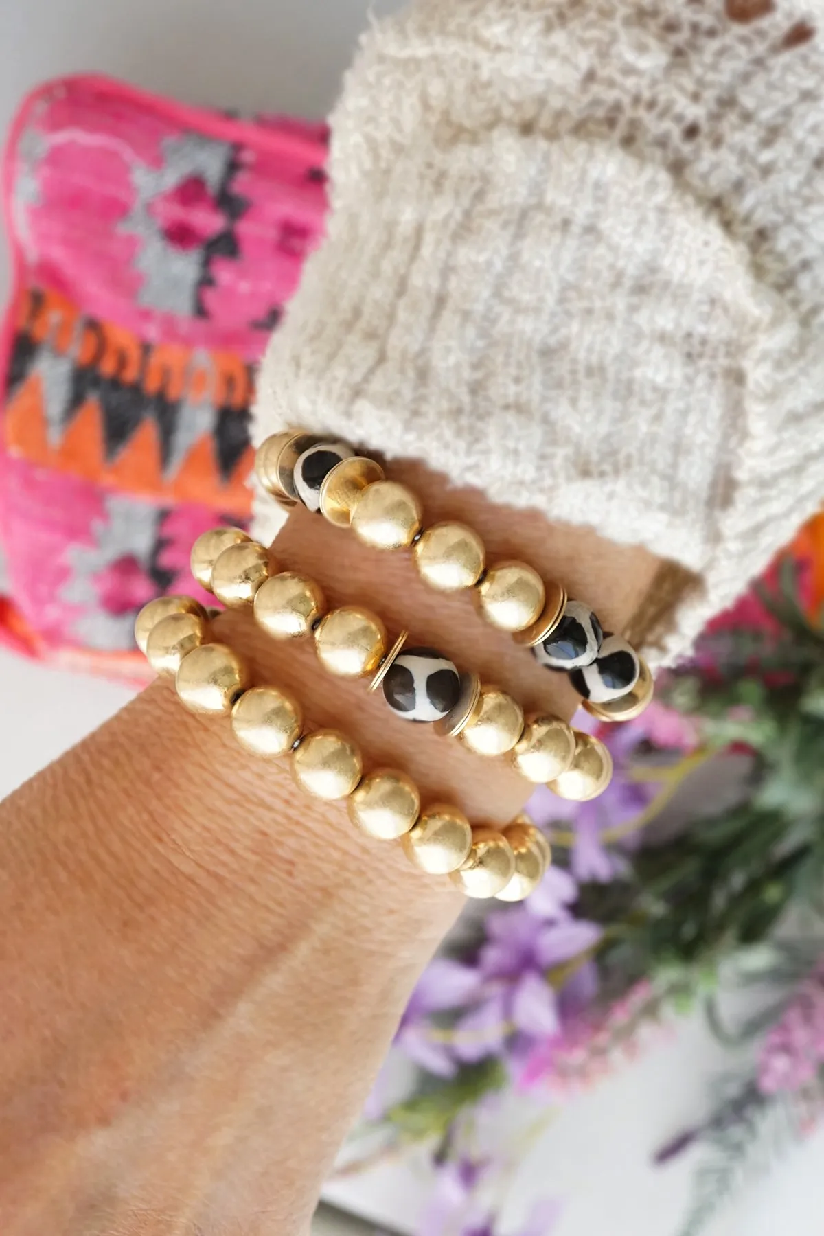 Gold beads bracelet stack of 3 with ceramic animal print beads