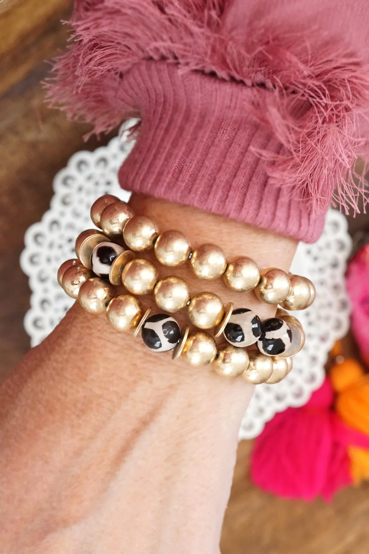 Gold beads bracelet stack of 3 with ceramic animal print beads